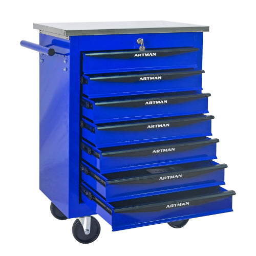 7 Drawers Multifunctional Tool Cart with Wheels Metal Rolling Tool Cart Storage with Stainless Steel Roof Black Blue