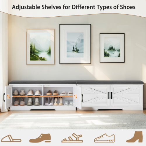 2-Tier Storage Bench, Farmhouse Shoe Bench with Padded Seat Cushion, Entryway Bench with 2 Barn Doors & 2 Adjustable Shelves, 13.75inch  D x 39.4inch  W x 17.72inch  H, for Entryway, Bedroom, Living Room, White