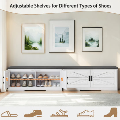 2-Tier Storage Bench, Farmhouse Shoe Bench with Padded Seat Cushion, Entryway Bench with 2 Barn Doors & 2 Adjustable Shelves, 13.75inch  D x 39.4inch  W x 17.72inch  H, for Entryway, Bedroom, Living Room, White
