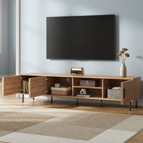 78.7 inch Natural Wood Vertical Groove TV Stand Heavy Iron Leg Entertainment Center For 85 inch TV