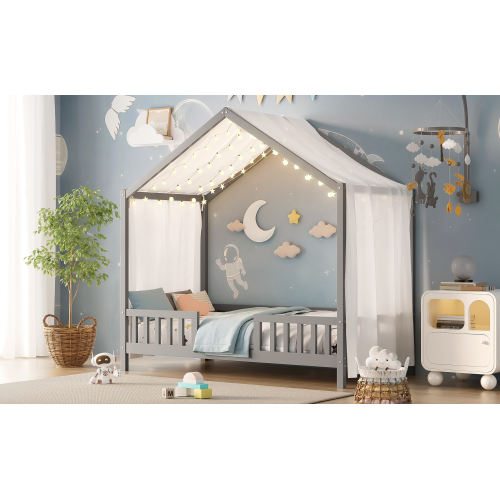 Montessori Floor Bed with Canopy, Twin Bed Frame for Kids, House Shape Toddler Bed Frame with High Railings, Wood Kids Bed with Roof, Kid Twin Bed, Grey