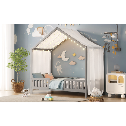 Montessori Floor Bed with Canopy, Twin Bed Frame for Kids, House Shape Toddler Bed Frame with High Railings, Wood Kids Bed with Roof, Kid Twin Bed, Grey