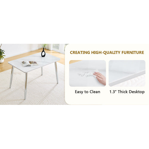 Marble Pattern Glass Dining Table with Silver Tapered Metal Legs