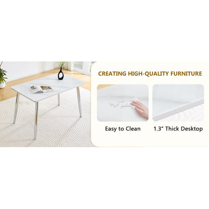 Marble Pattern Glass Dining Table with Silver Tapered Metal Legs