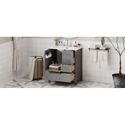 30" Gray Bathroom Vanity with Sink Combination Set, Bathroom Storage Cabinet with Soft Close Door, 3 Soft Close Drawers and Removable Tray, Solid Wood Frame