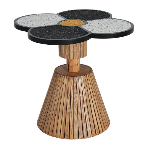 Four-Leaf Clover Decorative Side Table, Stone Texture Top Wood-Grain Base Accent Table