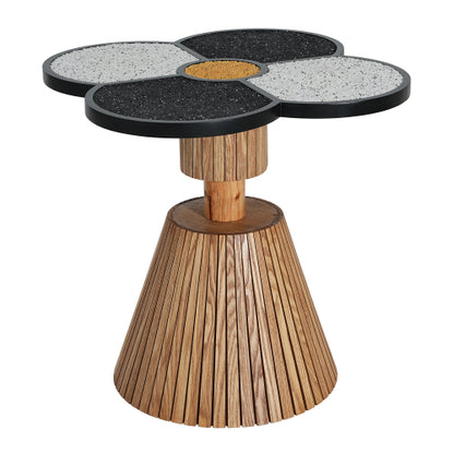 Four-Leaf Clover Decorative Side Table, Stone Texture Top Wood-Grain Base Accent Table