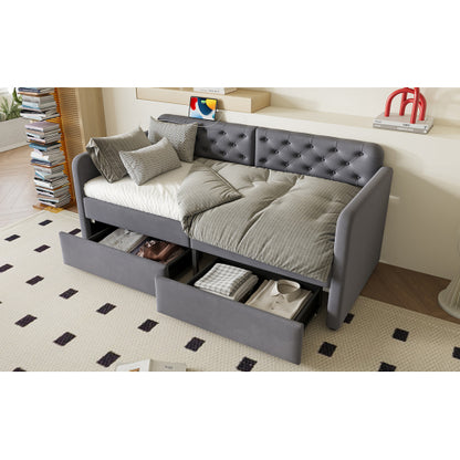 Twin Size Upholstered Daybed with 2 Storage Drawers and USB Charging Design, Velvet Upholstered Daybed Frame, Twin Sofa Bed for Living Room Bedroom, No Box Spring Needed,Plush Velvet Fabric