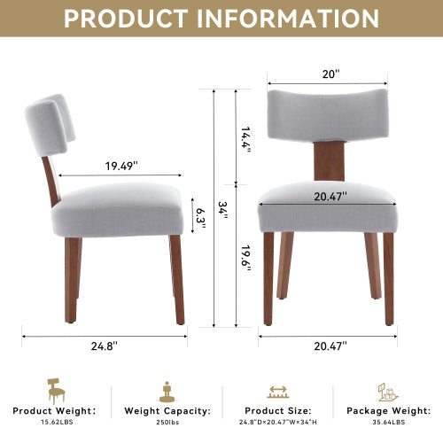Set of 2 Gray Linen Curved Wingback Dining Chairs, Light Brown Rubber Wood Legs 250lbs Capacity