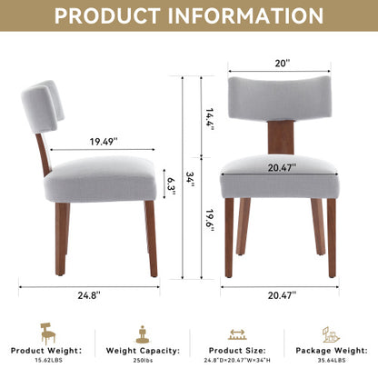 Set of 2 Gray Linen Curved Wingback Dining Chairs, Light Brown Rubber Wood Legs 250lbs Capacity