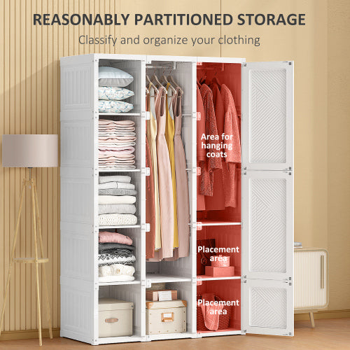 Portable Wardrobe Closet, Folding Bedroom Armoire, Clothes Storage Organizer with 11 Cube Compartments, Hanging Rod, Magnet Doors, White