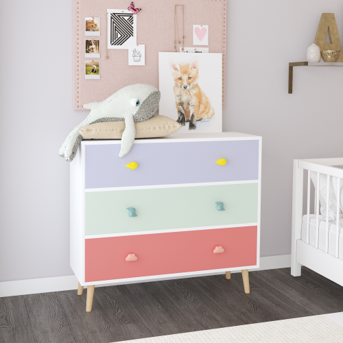 Kids 3 Drawer Dresser, Colorful Baby Nightstand Storage Cabinet, Toddler Bedroom Chest with Cartoon Pulls