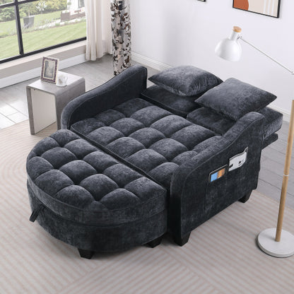 Black 2-Seater Irregular Curved Sofa Chaise, Storage Footrest,2 Throw Pillows