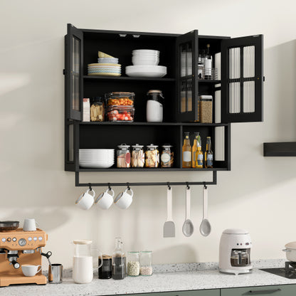 Bathroom Wall Cabinet, 3-Door Wooden Wall Cabinet with Open and Hidden Storage Space, Medicine Cabinet with Glass Door and Towel Bar for Entryway Living Room Bathroom Dining Room,Black