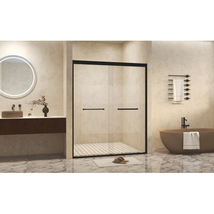 50-54" W × 72" H Tempered Glass with Explosion Proof Film, Aluminum Frame Double Sliding Shower Door, "1/4 (6 mm), Stainless Steel handle, Matte Black