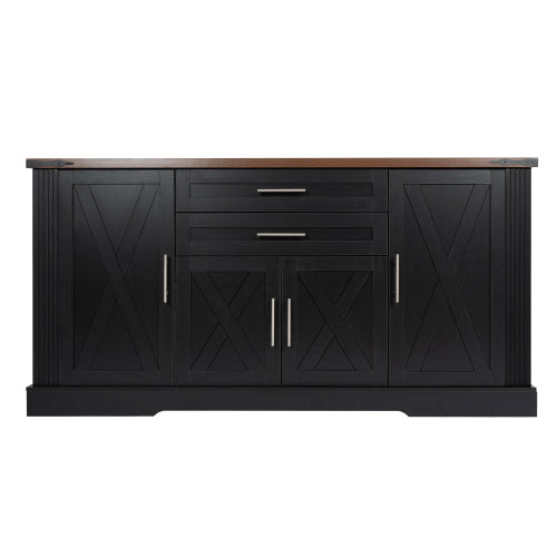 63 inch Farmhouse Barn Door Storage Cabinet with 2 Drawers & Door Rack, Large Buffet Table Coffee Bar Cabinets with Adjustable Shelves for Kitchen, Living Room, Entryway, Dining Room, Black