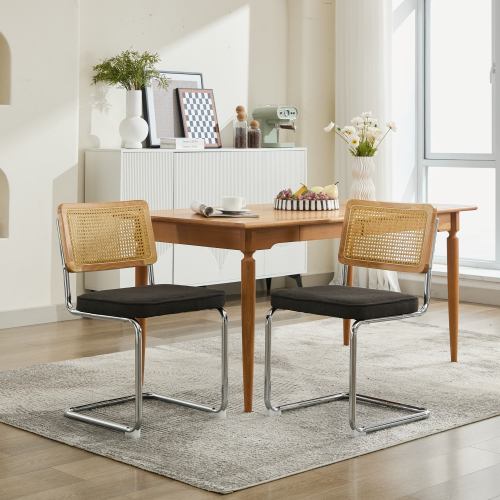 Set of 2 Black Cane Back Cantilever Dining Chairs, Velvet Upholstered Chrome Double Steel Pipe Base 360 LBS Capacity