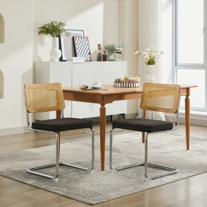 Set of 2 Black Cane Back Cantilever Dining Chairs, Velvet Upholstered Chrome Double Steel Pipe Base 360 LBS Capacity