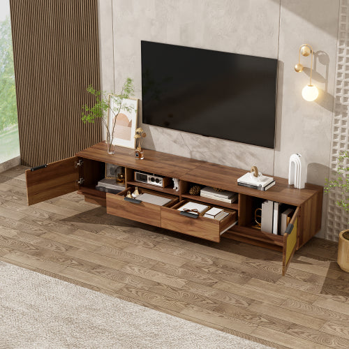 78.74 inch Walnut 2 Rattan Door 2 Drawer Legless TV Stand Open Shelf Media Console Supports 85 inch TV