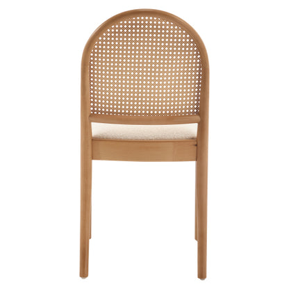 Set of 2 Beige Rattan Back Linen Dining Chairs, Solid Wood Leg Teddy Cushion 275lbs Capacity