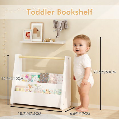Kids Front-Facing Bookshelf with Wooden Handle 2-Tier White