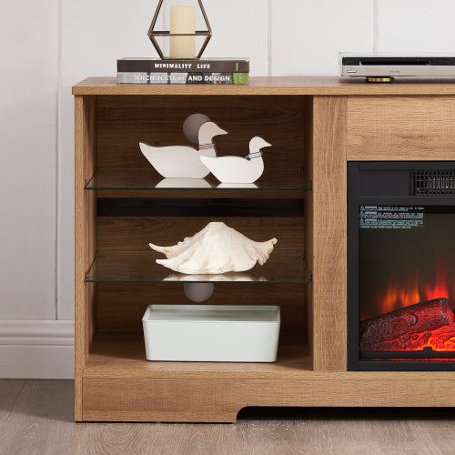 58 Inch Oak Electric Fireplace TV Stand Bluetooth RGB LED Light Media Console with Built-In Power Outlet for 65 Inch TV
