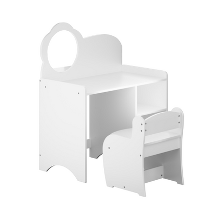 Kids Vanity Table with Mirror and Chair, Wooden Children's Dressing Makeup Desk with Storage Shelves, Playroom Bedroom, White