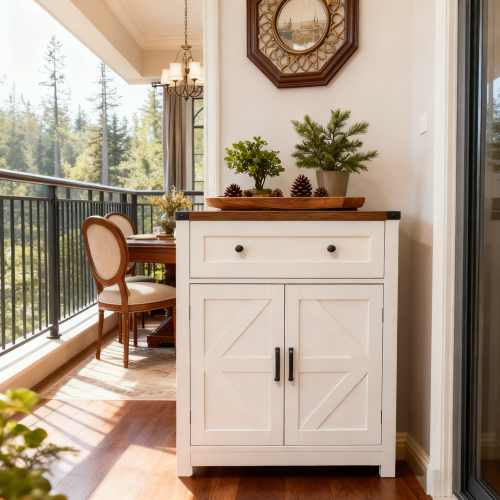 White & Wood-Grain Top Farmhouse Barn-Door Storage Cabinet, Coffee Bar Buffet Sideboard with Drawer for Kitchen & Living Room