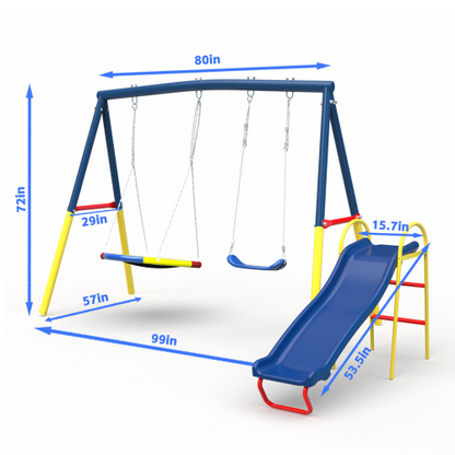 Swing Sets for Backyard with Kids Slide Outdoor Heavy-Duty Metal Playset 3 in 1 Swing Set with Slide