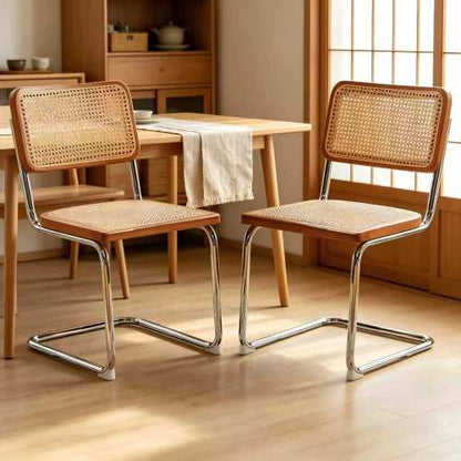 Woven Rattan Cantilever Dining Chairs with Chrome Frames, Set of 2, Teak