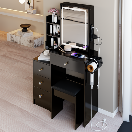 29.2" Small Size Left Bedside Cabinet Vanity Table + Cushioned Stool, 2 AC+2 USB Power Station, Hair dryer bracket, Extra Large Touch Control Sliding LED Mirror, Tri-color Switching, Brightness Adjust