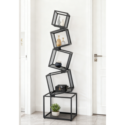 Black 5-Tier Geometric Metal Bookshelf Modern Slanted Design Space-Saving Living Room Office Storage Rack