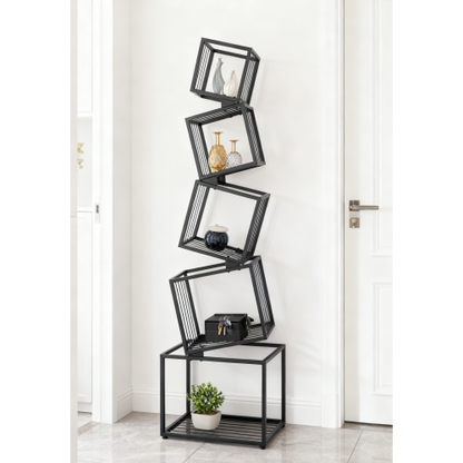 Black 5-Tier Geometric Metal Bookshelf Modern Slanted Design Space-Saving Living Room Office Storage Rack
