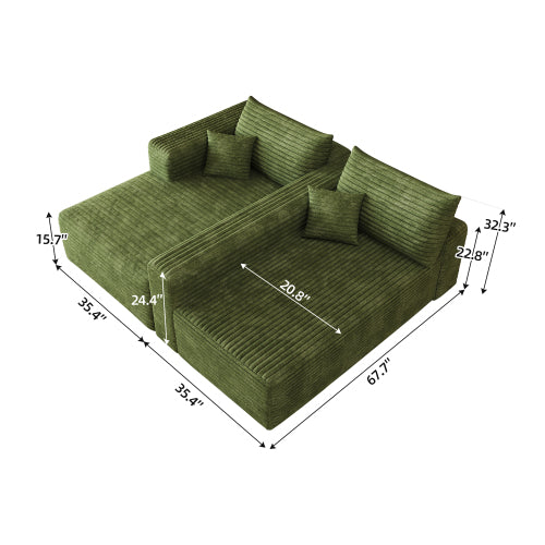 103 inch  Green Plush Corduroy L-Shape Cloud Modular Sofa, No Assembly