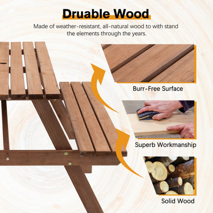 8 Person Brown Wooden Picnic Table, Outdoor Camping Dining Table with 2 Seats, Garden, DIY with 2 Built-in Benches, 2220lb Capacity