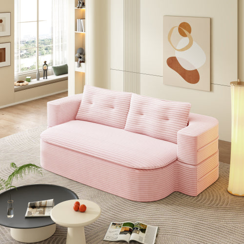 78.7-Inch Baby-Pink Convertible Corduroy Sleeper Floor Sofa-Bed with Zip-On Blanket & 2 Pillows No-Assembly