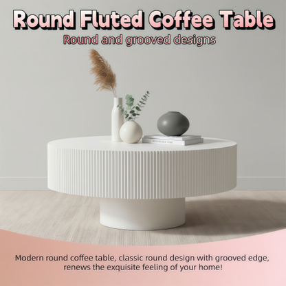 White Round Fluted Pedestal Coffee Table, Mid-Century Modern