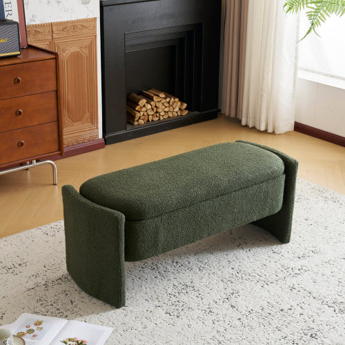 Boucle Storage Ottoman Bench with 17 Gallon Capacity, Dark Green
