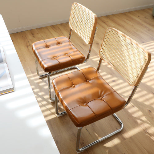 Set of 2 Brown Faux Leather Rattan Breuer Dining Chairs, Chrome Cantilever Legs, Mid Century Side Chairs for Dining & Living Room