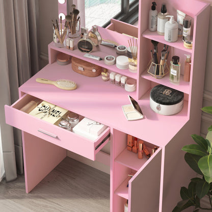 Pink Vanity Desk with Mirror & Light, 12 LED Bulbs, Large Drawer, 3 Shelves & 3-Level Cabinets, 3 Lighting Modes