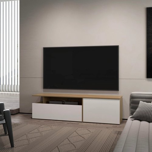 Natural Oak and White 63 inch TV Stand with Drop-Down Door Storage