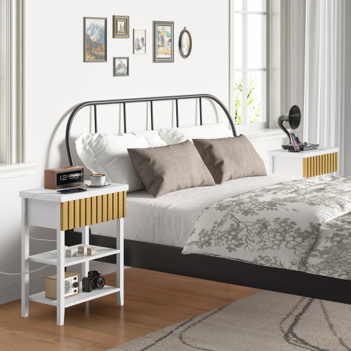 Set of 2 Fluted Nightstands with Charging Station, Farmhouse Side Table with Drawer and Open Shelves