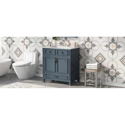30'' Bathroom Vanity with Ceramic Sink,Solid Wood Frame Bathroom Storage Cabinet with Soft Closing Doors,Retro Style, Blue