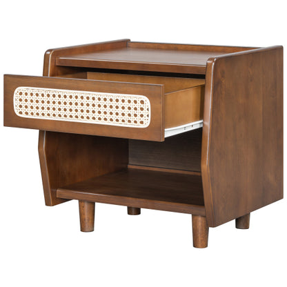 Walnut Nightstand with Rattan Detail, MDF + Solid Wood, Modern Bedroom Storage, Open Shelf & Drawer, Indoor Furniture