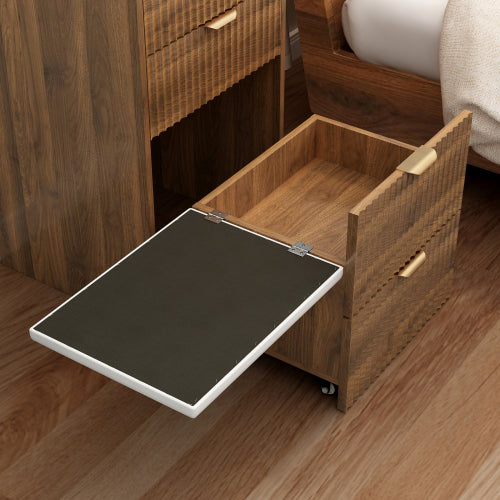 Walnut 3?in?1 Flip?Top Vanity Desk with Rolling Stool, LED Lights & Fluted Drawer