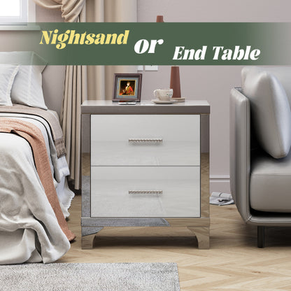 High Gloss Mirrored Nightstand with 2 Drawers,Modern End Table with Drawers,Mirrored High Gloss Wood Nightstand Metal Handle Bedside End Table for Bedroom, Dorm,Living Room,White