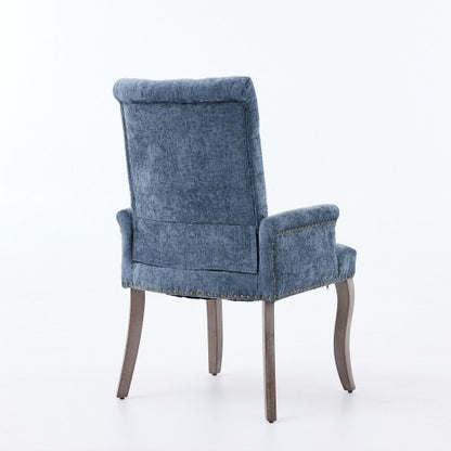 Upholstered Chenille Arm Dining Chair, Tufted Accent Chair with Curved Solid Wood Legs, Blue, Single Pack