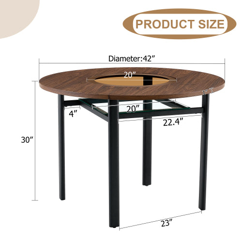 Round Wood Grain Dining Table with Glass Inlay & Glass Shelf