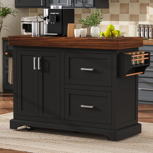 53 Inch Rolling Kitchen Island with Thick Top Drawers & Spice Rack Black