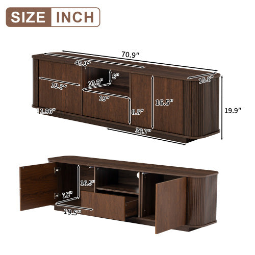 70 inch Modern TV Stand for TVs Up to 80 inch, Wood Grain Media Console with Storage, Curved Corners